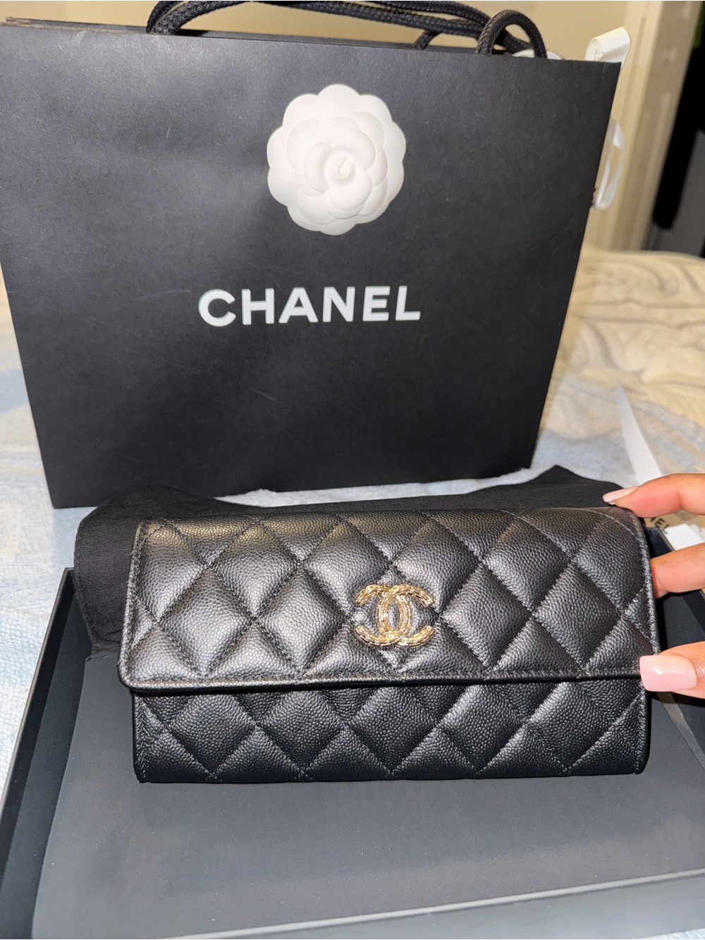 CHANEL Black Quilted Wallet with Gold CC Logo